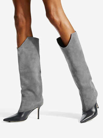 Kniehohe Stiefel mit hohem Absatz und Patchwork-Muster spitzer Zehenpartie und breiter Wadenpartie