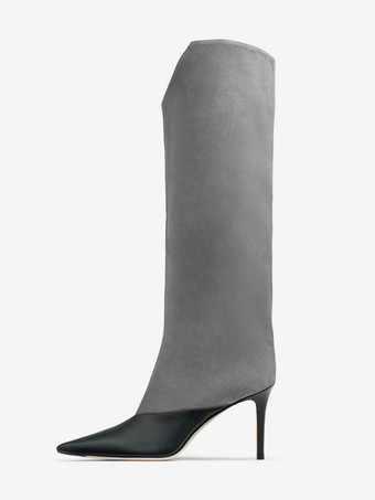 Dunkelgrau Kniehohe Stiefel mit hohem Absatz und Patchwork-Muster spitzer Zehenpartie und breiter Wadenpartie