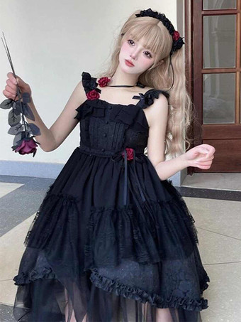   ゴシックロリータドレス フリル 花 ブラック 姫ロリータ JSK