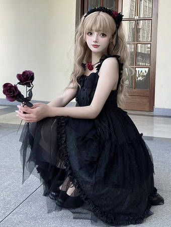   ゴシックロリータドレス フリル 花 ブラック 姫ロリータ JSK