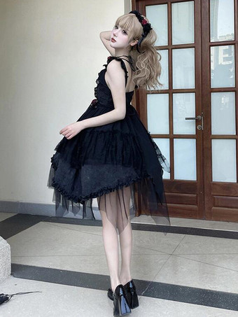   ゴシックロリータドレス フリル 花 ブラック 姫ロリータ JSK