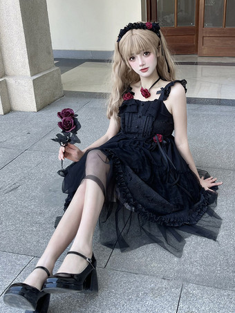   ゴシックロリータドレス フリル 花 ブラック 姫ロリータ JSK