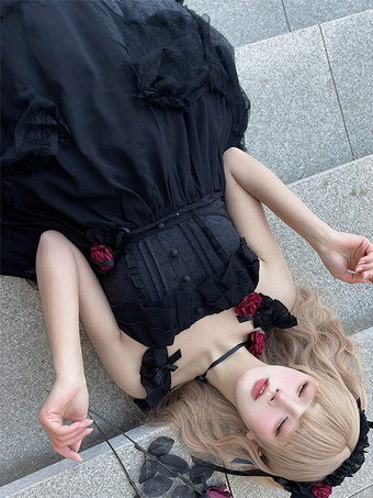   ゴシックロリータドレス フリル 花 ブラック 姫ロリータ JSK