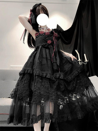   ゴシックロリータドレス フリル 花 ブラック 姫ロリータ JSK