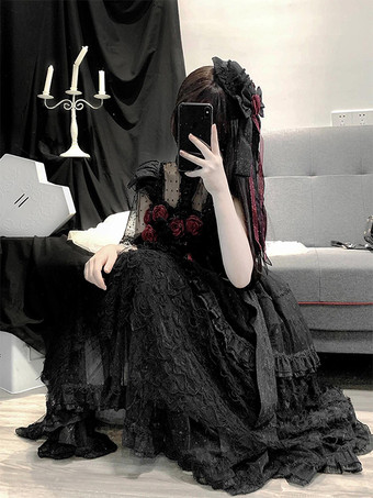   ゴシックロリータドレス フリル 花 ブラック 姫ロリータ JSK