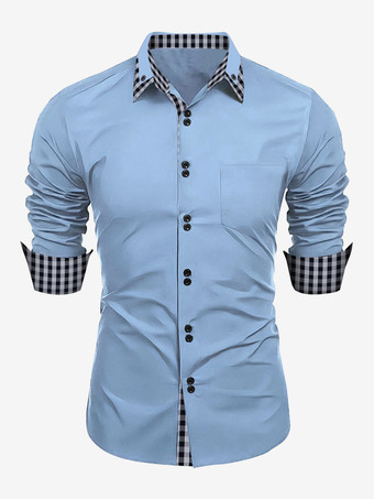 ライトスカイブルー男性用カジュアルシャツ ダブルボタン スリムフィット ターンダウンカラー 長袖 チェック柄 メンズシャツ