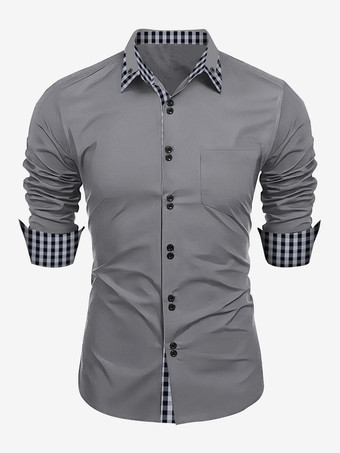 グレイ男性用カジュアルシャツ ダブルボタン スリムフィット ターンダウンカラー 長袖 チェック柄 メンズシャツ