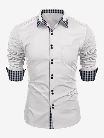 ホワイト 男性用カジュアルシャツ ダブルボタン スリムフィット ターンダウンカラー 長袖 チェック柄 メンズシャツ