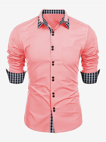 ピンク男性用カジュアルシャツ ダブルボタン スリムフィット ターンダウンカラー 長袖 チェック柄 メンズシャツ
