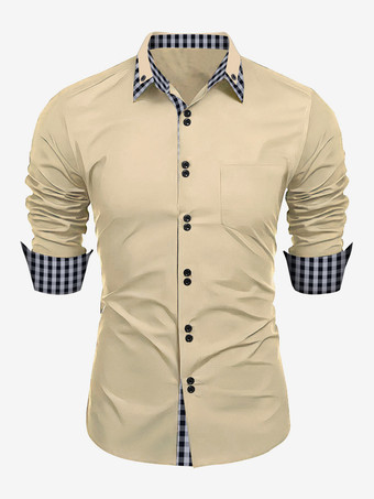 ライトブラウン男性用カジュアルシャツ ダブルボタン スリムフィット ターンダウンカラー 長袖 チェック柄 メンズシャツ