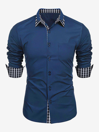 ダークネイビー男性用カジュアルシャツ ダブルボタン スリムフィット ターンダウンカラー 長袖 チェック柄 メンズシャツ