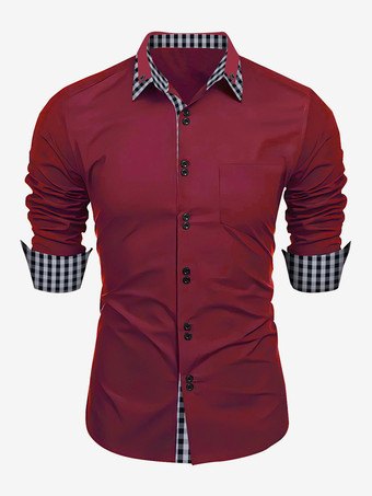 ワインレッド 男性用カジュアルシャツ ダブルボタン スリムフィット ターンダウンカラー 長袖 チェック柄 メンズシャツ