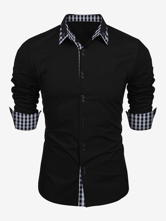 ブラック 男性用カジュアルシャツ ダブルボタン スリムフィット ターンダウンカラー 長袖 チェック柄 メンズシャツ
