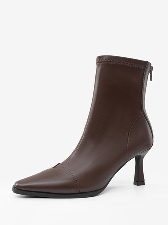 Brown High Heel Booties Square Toe Zip Up Ankle Boots