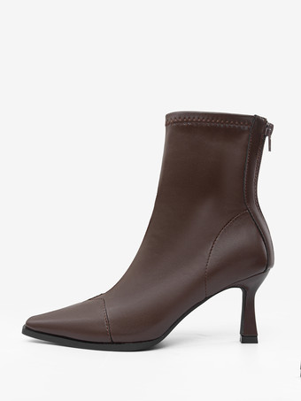 Brown High Heel Booties Square Toe Zip Up Ankle Boots