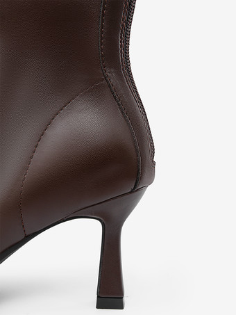 Brown High Heel Booties Square Toe Zip Up Ankle Boots