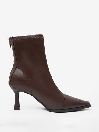 Brown High Heel Booties Square Toe Zip Up Ankle Boots