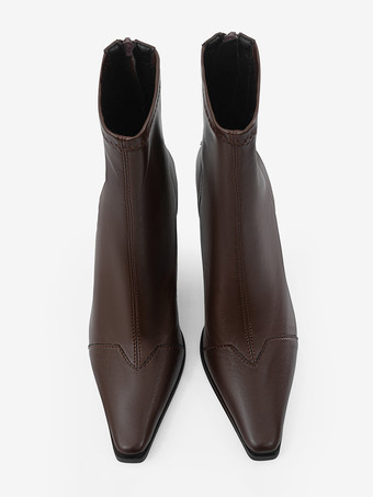 Brown High Heel Booties Square Toe Zip Up Ankle Boots