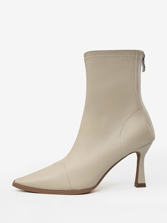 Brown High Heel Booties Square Toe Zip Up Ankle Boots