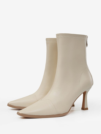 Ivory Brown High Heel Booties Square Toe Zip Up Ankle Boots