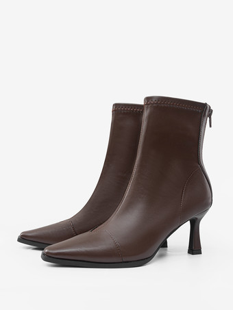 BrownBrown High Heel Booties Square Toe Zip Up Ankle Boots