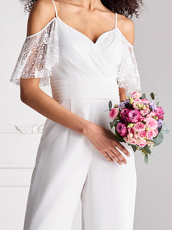 ブライダルジャンプスーツ レース プリーツ フロアレングス ジャンプスーツ スウィートハートネック ハーフスリーブ スパゲッティストラップ ナチュラルウエスト ホワイト