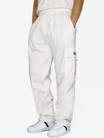 ホワイト メンズ ズボン カジュアル オーバーサイズ ナチュラルウエスト ストレート カーゴパンツ ポケット付き