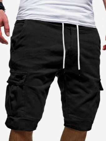 ブラック メンズ カーゴショーツ ドローストリングウエスト 夏 カジュアル アウトドア ショーツ ポケット付き