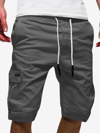 ダークグレー メンズ カーゴショーツ ドローストリングウエスト 夏 カジュアル アウトドア ショーツ ポケット付き