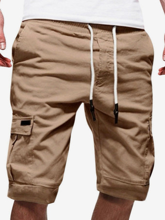 カーキ メンズ カーゴショーツ ドローストリングウエスト 夏 カジュアル アウトドア ショーツ ポケット付き