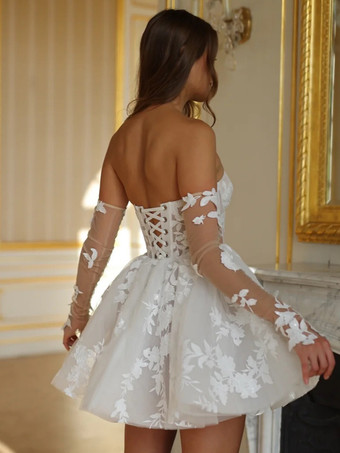 ブライダルミニドレス ショートウェディングドレス ショートスウィートハートネック ハーフスリーブ ショートナチュラルウエスト レースブライダルドレス