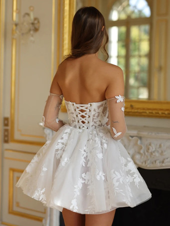 ブライダルミニドレス ショートウェディングドレス ショートスウィートハートネック ハーフスリーブ ショートナチュラルウエスト レースブライダルドレス