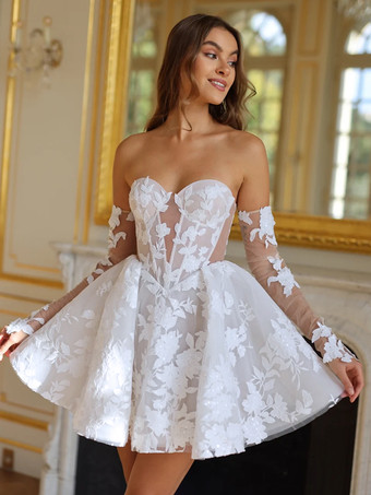 ホワイトブライダルミニドレス ショートウェディングドレス ショートスウィートハートネック ハーフスリーブ ショートナチュラルウエスト レースブライダルドレス