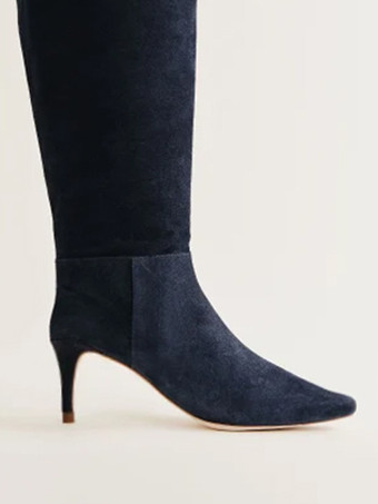 Botas de gamuza azul oscuro por encima de la rodilla puntiagudas tacón alto y botas altas hasta el muslo