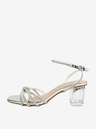 シルバープロムシューズ透明ブロックヒールグリッターハイヒールサンダル