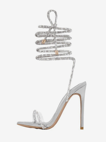 シルバー ブラック パーティーシューズ グリッター オープントゥ レースアップ ハイヒール サンダル プロムシューズ