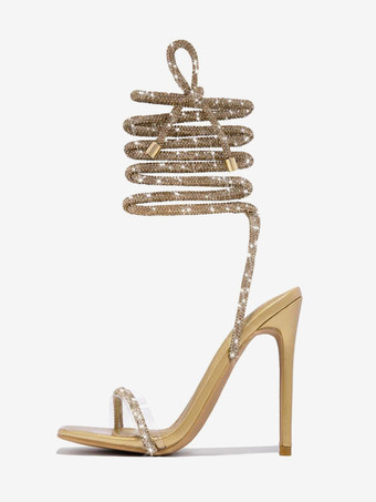 ゴールド ブラック パーティーシューズ グリッター オープントゥ レースアップ ハイヒール サンダル プロムシューズ