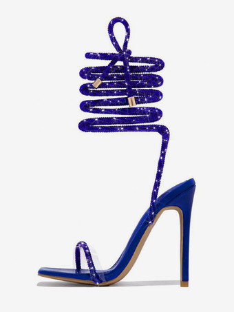 ブルー ブラック パーティーシューズ グリッター オープントゥ レースアップ ハイヒール サンダル プロムシューズ