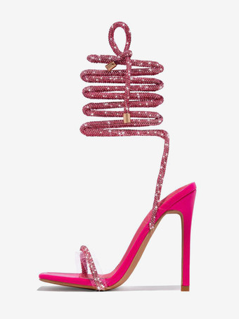 ローズレッドブラック パーティーシューズ グリッター オープントゥ レースアップ ハイヒール サンダル プロムシューズ