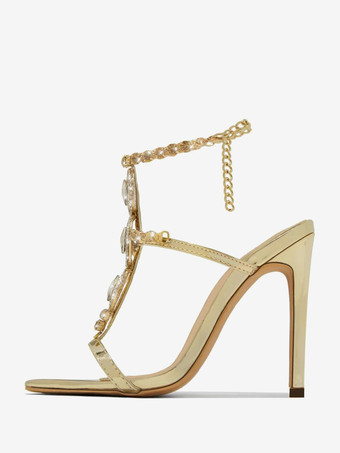 ゴールド ハイヒールサンダル パーティーシューズ ラインストーン オープントゥ ストラップ プロムシューズ