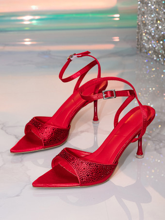 Red Satin High Heel Sandals Rhinestones Open Toe Ankle Strap Party Shoes