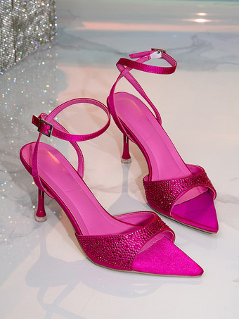 Satin High Heel Sandals Rhinestones Open Toe Ankle Strap Party Shoes
