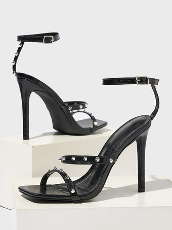 ブラック ゴールドハイヒールサンダル スタッド オープントゥ ストラップ スティレットヒール パーティーシューズ