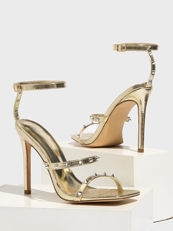 ゴールドハイヒールサンダル スタッド オープントゥ ストラップ スティレットヒール パーティーシューズ