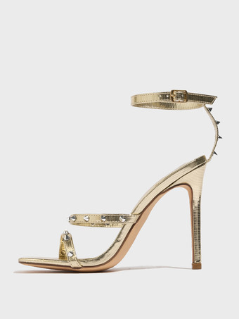 ゴールド ゴールドハイヒールサンダル スタッド オープントゥ ストラップ スティレットヒール パーティーシューズ