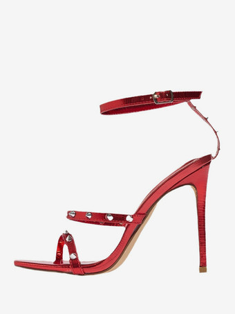 レッド ゴールドハイヒールサンダル スタッド オープントゥ ストラップ スティレットヒール パーティーシューズ