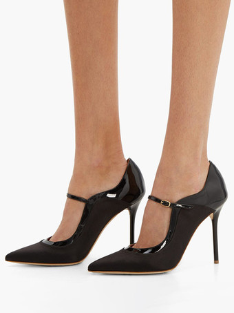 ブラック メリージェーンヒール ポインテッドトゥ ハイヒール ドレスシューズ