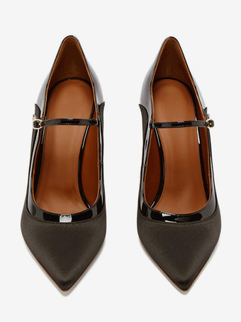 ブラック メリージェーンヒール ポインテッドトゥ ハイヒール ドレスシューズ