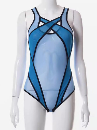 ライトスカイブルーレディーステディランジェリー シアーパープル パッチワーク レディースセクシーテディ