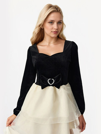 蝶結びのコントラストミニドレス 長袖 スクエアカラー レイヤード バースデーパーティードレス 2025